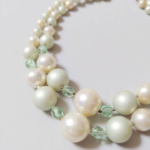1950s Two Strand Tiered Mint Green Cream Graduated Beaded Necklace | Vintage 50s Pearlized Plastic Bead Necklace | Women&#39;s Costume Jewelry