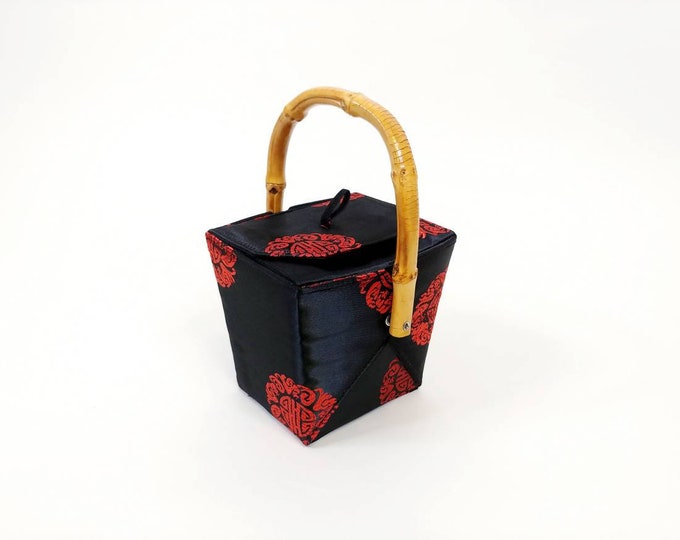 1990s Tozai Chinese Takeout Box Purse Vintage 90s Black and Red Satin Brocade Asian Evening