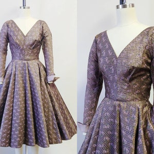 1950s Purple and Brown Polished Cotton Party Dress | Vintage 50s Fit n Flare Formal with Pockets | Women&#39;s Evening Dress XXS Extra Small