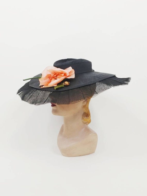 1940s Petite Modes Black Straw Picture Hat | Vint… - image 4