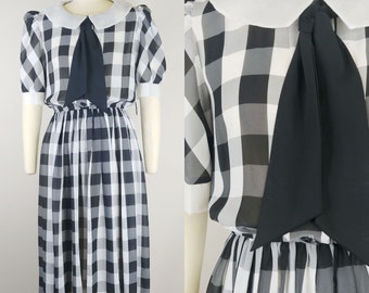 1970s Buffalo Plaid Black and White Secretary Dress | Vintage 70s Collared Shirtwaist Dress