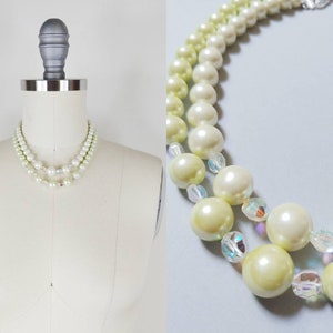 1960s Two Strand Tiered Yellow Green Pearl Aurora Borealis Crystal Beaded Necklace | Vintage 60s Necklace | Women&#39;s Bridal Wedding Jewelry