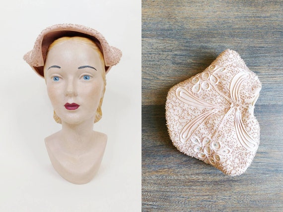 1950s Ballet Pink French Knot Embroidered Topper Vintage 50s Light Pink Soutache Rhinestone Cocktail Hat Womens Accessories Etsy