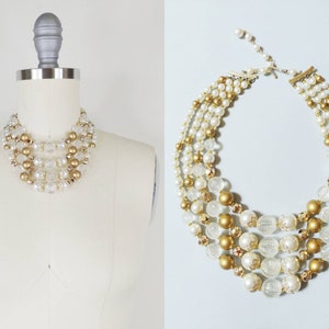 1960s Four Strand Tiered Gold Pearl Beaded Necklace | Vintage 60s Formal Necklace | Women&#39;s Bridal Wedding Jewelry