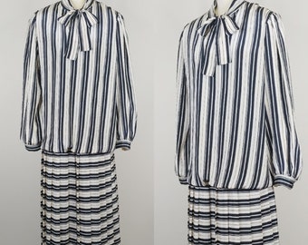 1970s does 1920s Dropped Waist Dress | Vintage 70s Black and White Striped Dress