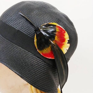 1930s Florence Walton Slouch Hat Vintage 30s Black Red Feather Straw Cloche Hat Women's Hats image 5