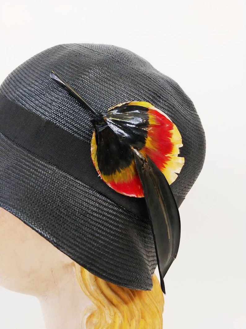 1930s Florence Walton Slouch Hat Vintage 30s Black Red Feather Straw Cloche Hat Women's Hats image 5