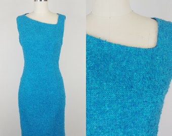 1990s Versus Versace Blue Mohair Boucle Wiggle Dress | Vintage 90s Sleeveless Pencil Dress