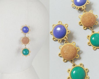 1980s Suede Jewel Tone Runway Earrings | Vintage 80s Gold Drop Clip On Drop Earrings | Women's Jewelry