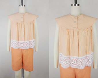 1950s Orange Creamsicle Two Piece Beach Set | Vintage 50s Striped Babydoll Pullover Blouse and High Waist Shorts | Women's Clothing Medium