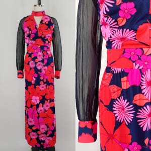 1970s Floral Maxi Dress | Vintage 70s Chiffon Sleeve Gown