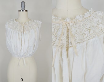 Victorian White Cotton Corset Cover | Antique 1900s Crochet Lace Sleeveless Camisole Bodice | Women's Crop Blouse XS 24 Waist