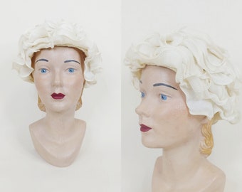 1960s Coralie Cream Ruffle Hat | Vintage 60s Off White Formal Cap | Women's Hats