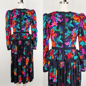 1980s Leslie Lucks Dark Floral Two Piece Set | Vintage 80s does 40s Cotton Skirt and Peplum Jacket