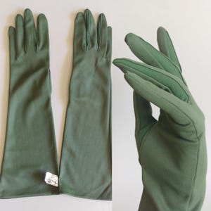 1950s Hunter Green Deadstock Wear Right Gloves | Vintage 50s Long Nylon Gloves