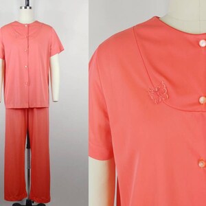 1970s Bright Coral Butterfly Applique Nylon Pajamas | Vintage 70s Melon Orange Pajama Top and Pants | Women&#39;s PJs Sleepwear Loungewear Small