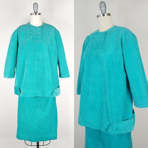 1950s Corduroy Maternity Set | Vintage 50s Seafoam Green Blouse and Skirt | Women's Maternity Clothing