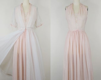 1950s Flobert Hostess Set | Vintage 50s Pink and White Swiss Dot Dressing Gown and Halter Nightgown