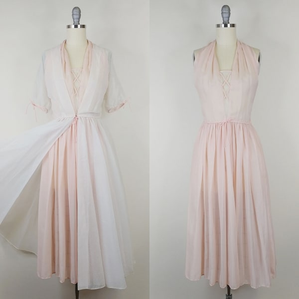 1950s Flobert Hostess Set | Vintage 50s Pink and White Swiss Dot Dressing Gown and Halter Nightgown