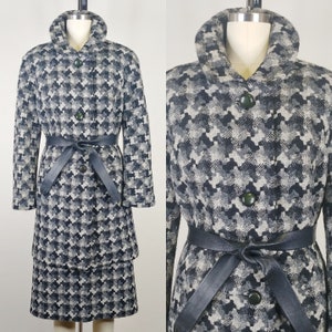 1960s Winter Skirt Suit | Vintage 60s Black Grey Coat and Skirt Set | Women&#39;s Two Piece Set