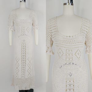 1930s Hand Crocheted Dress | Vintage 30s Beige Crochet Dress