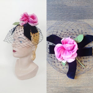 1950s Skolnips Navy and Pink Rose Net Topper | Vintage 50s Veil Hat