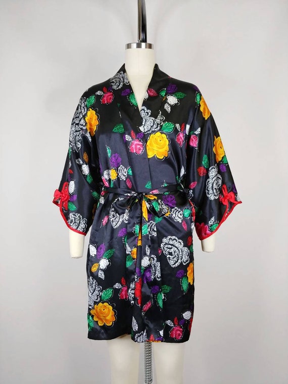 1990s California Dynasty Rose Print Kimono Robe |… - image 2