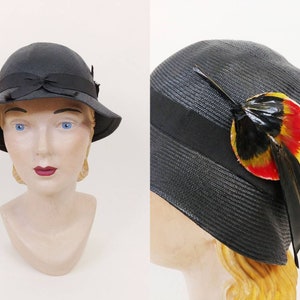 1930s Florence Walton Slouch Hat Vintage 30s Black Red Feather Straw Cloche Hat Women's Hats image 1