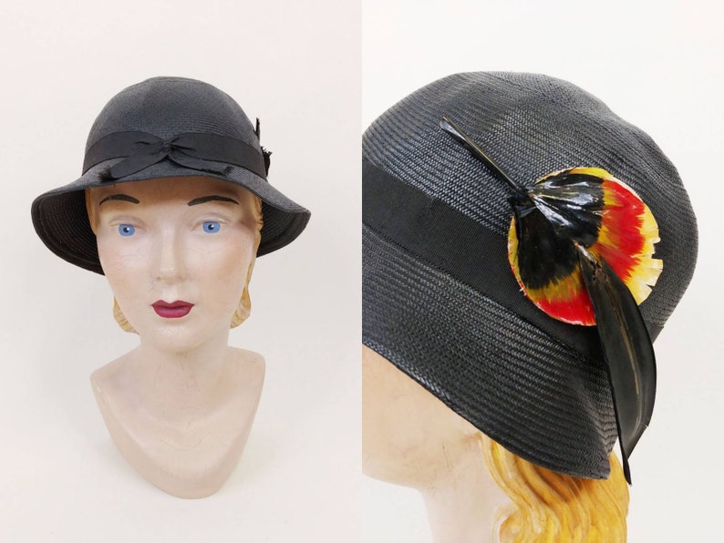 1930s Florence Walton Slouch Hat Vintage 30s Black Red Feather Straw Cloche Hat Women's Hats image 1