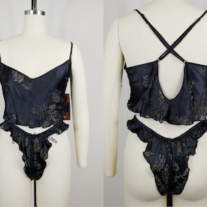 1990s Deadstock Rose Print Burnout Silk Nightie Set | Vintage Black Camisole Top Thong Panties | Women's Lingerie