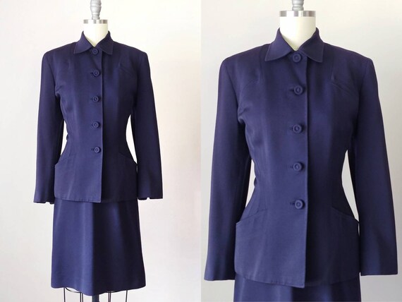 1940s Navy Blue Wool Gabardine Suit | Vintage 40s