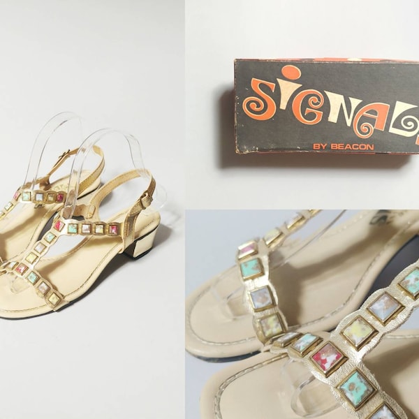 1970s Signals by Beacon Faux Gemstone Gold T Strap Sandals | Vintage 70s Slingback Heels  | Women's Shoes Size 7.5 N