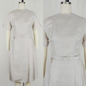1950s Raw Silk Cocktail Dress | Vintage 50s Beige Short Sleeve Sheath Dress