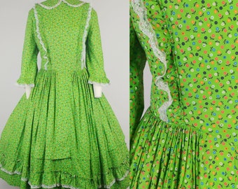 1960s Calico Cotton Prairie Dress | Vintage 60s Green Floral Fit n Flare Folk Dress