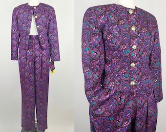 1990s Deadstock Quilted Rayon Floral Print Pant Suit | Vintage 80s Black Gold Purple Jacket  Pants | Womens Clothing Small Medium