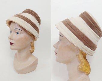 1960s Cream Brown Striped Velvet Beehive Hat | Vintage 60s Turban Hat | Womens Hats Small