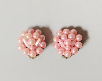 1960s Pink Pearl Bead Clip On Bauble Earrings | Vintage 60s Beaded Clipons | Women's Costume Jewelry