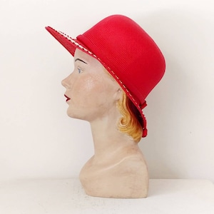 1960s Jack McConnell Red Feather Label Brimmed Hat with Studs | Vintage 60s Red Woven Mod Hat | Women&#39;s Designer Hats Medium
