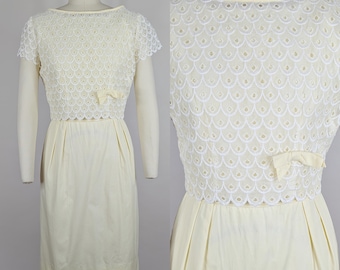 1960s Yellow Eyelet Wiggle Dress Set | Vintage 60s Cotton Sheath Dress