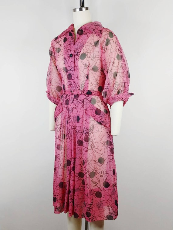 1940s Black and White Print Dress with Sheer Overlay