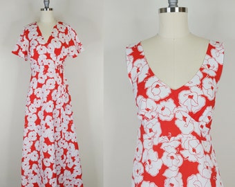 1970s Red White Floral Polyester Peignoir Set | Vintage 70s Goddess Maxi Nightgown House Robe | Women's Loungewear Lingerie 36 Medium