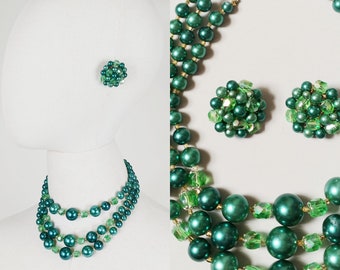 1950s Three Strand Necklace and Clip On Earrings | Vintage 50s Demi Parure Green Beaded Jewelry Set