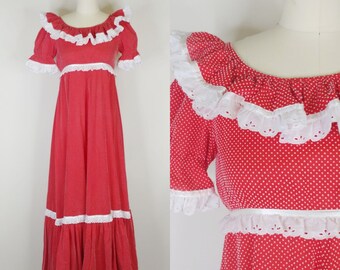 Vintage 1970s Jrs Red and White Swiss Dot Prairie Dress | 70s does Victorian Maxi Dress