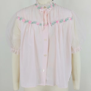 1940s Pale Pink Floral Bed Jacket | Vintage 40s Puff Sleeve Acetate Peignoir Top
