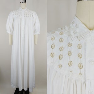 1890s Spiderweb Eyelet Victorian White Cotton Nightgown | Antique 1800s Maxi Nightdress | Womens Clothing Summer Dress