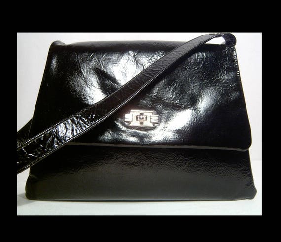 Convertible Jet Black Leather Handbag Shoulder Bag Purse La Belle Made in Canada Double Strap 1950s 1960s Etsy