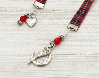 Fairy Moon Charm Bookmark with Red Swarovski Crystal Beads, Heart Charm Plaid Tartan Ribbon, Reader Gift, Booklover Gift, Gifts under 10
