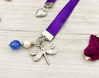 Dragonfly Charm Bookmark with Blue Swarovski Crystal Bead and Purple Ribbon, Reader Gift, Booklover Gift, Friend Gift, Gifts under 10