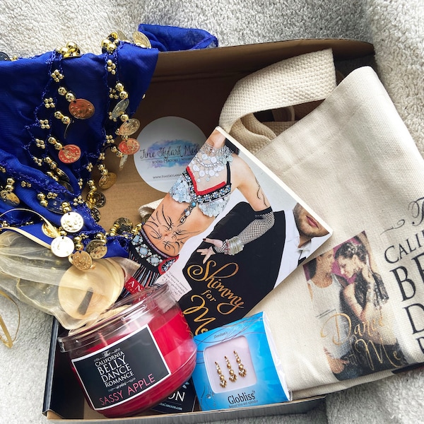 Shimmy for Me Book Box Gift Set with Belly Dance Hip Scarf, Bindi Jewelry, Zils Finger Cymbals, Theme Candle, Large Tote Bag