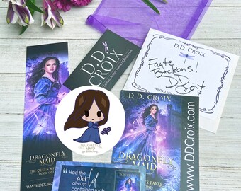 Signed Book Plate, Chibi Jane Sticker, Magic Sticker, Bookmark, and Book Cards for Dragonfly Maid and The Queen's Fayte series